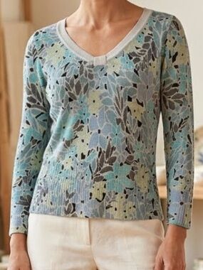Vintage Sigrid Olsen Silk Blend Floral V-Neck Top Knit Sweater Blue Green L